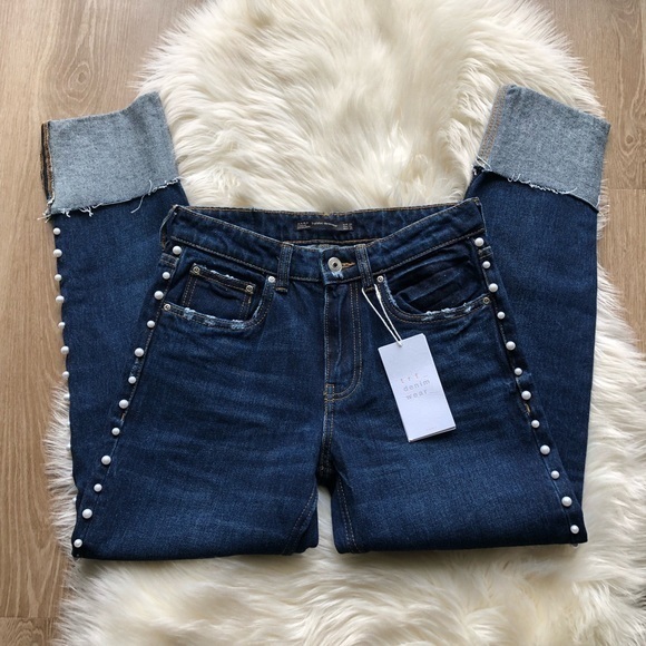 Zara • Pearl Trim Cuffed Crop Jeans - Picture 2 of 6